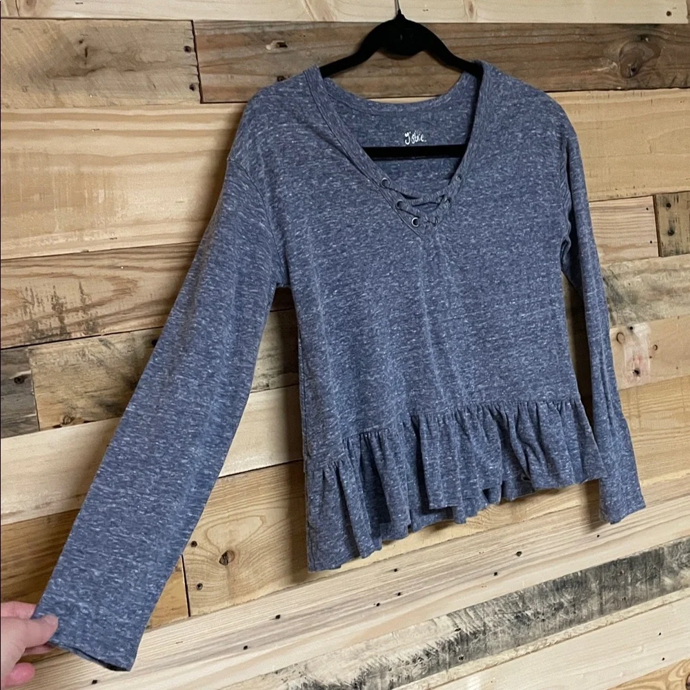 Justice size 12 Heathered Blue Lace Up Soft Long Sleeve Top with Ruffle Detail